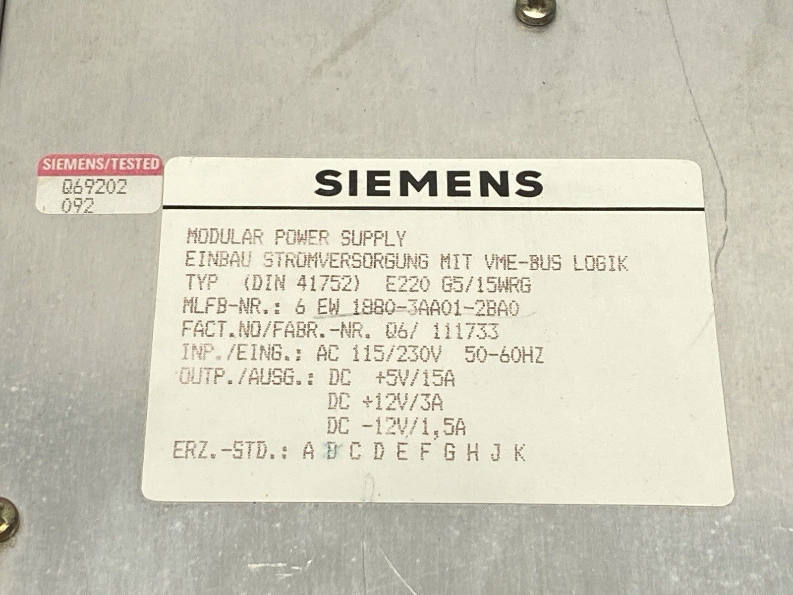 Siemens 6 EW 1880-3AA01-2BA0 Modular Power Supply E220 G5/15WRG - Maverick Industrial Sales