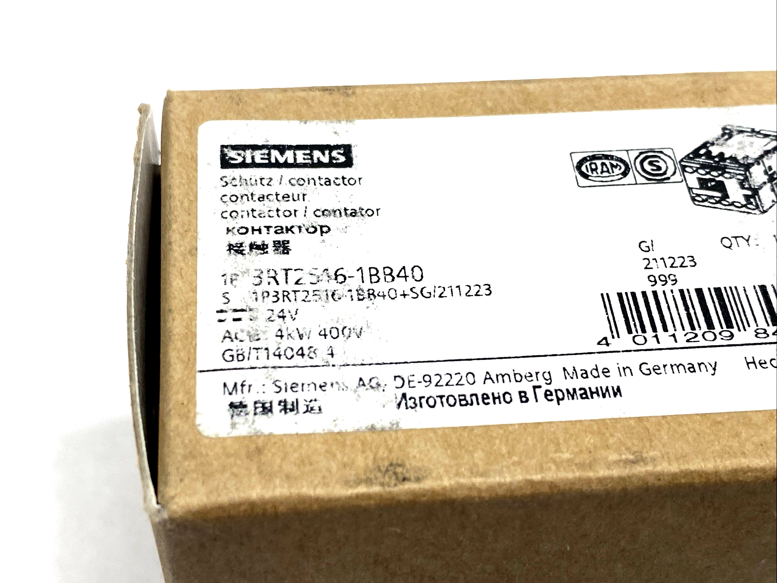 Siemens 3RT2516-1BB40 Contactor AC-3, 9A, 4kW/400V, 4P, 24VDC - Maverick Industrial Sales