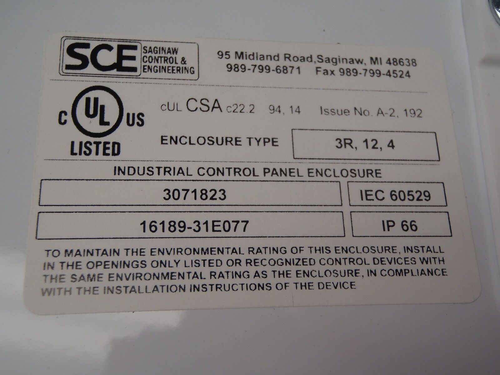 SCE Saginaw Control 16189-31E077 White Enclosure 20”X16”X12” Inch 3071823 - Maverick Industrial Sales