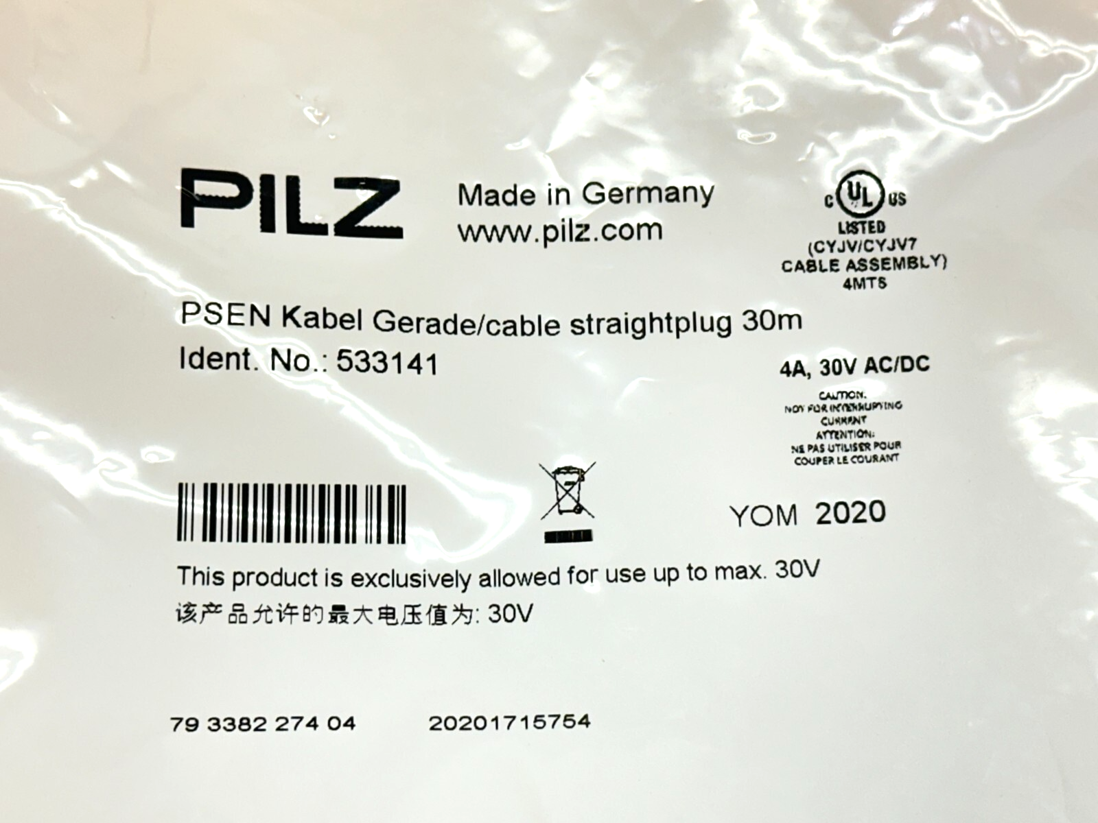 533141 | Pilz PSEN Cable M8 Female Connector 4-Pin 30m - New - Maverick Industrial Sales