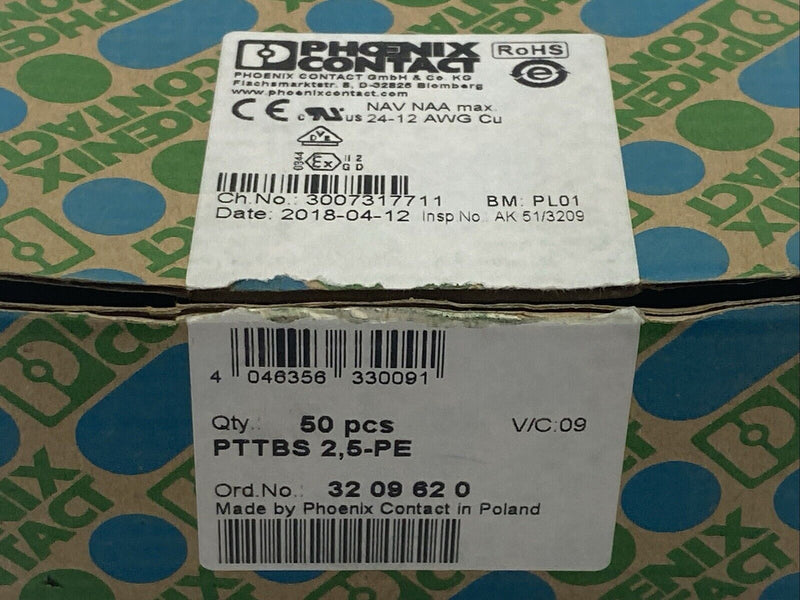 Phoenix Contact PTTBS 2,5-PE Terminal Block Yellow/Green 3209620 LOT OF 45 - Maverick Industrial Sales