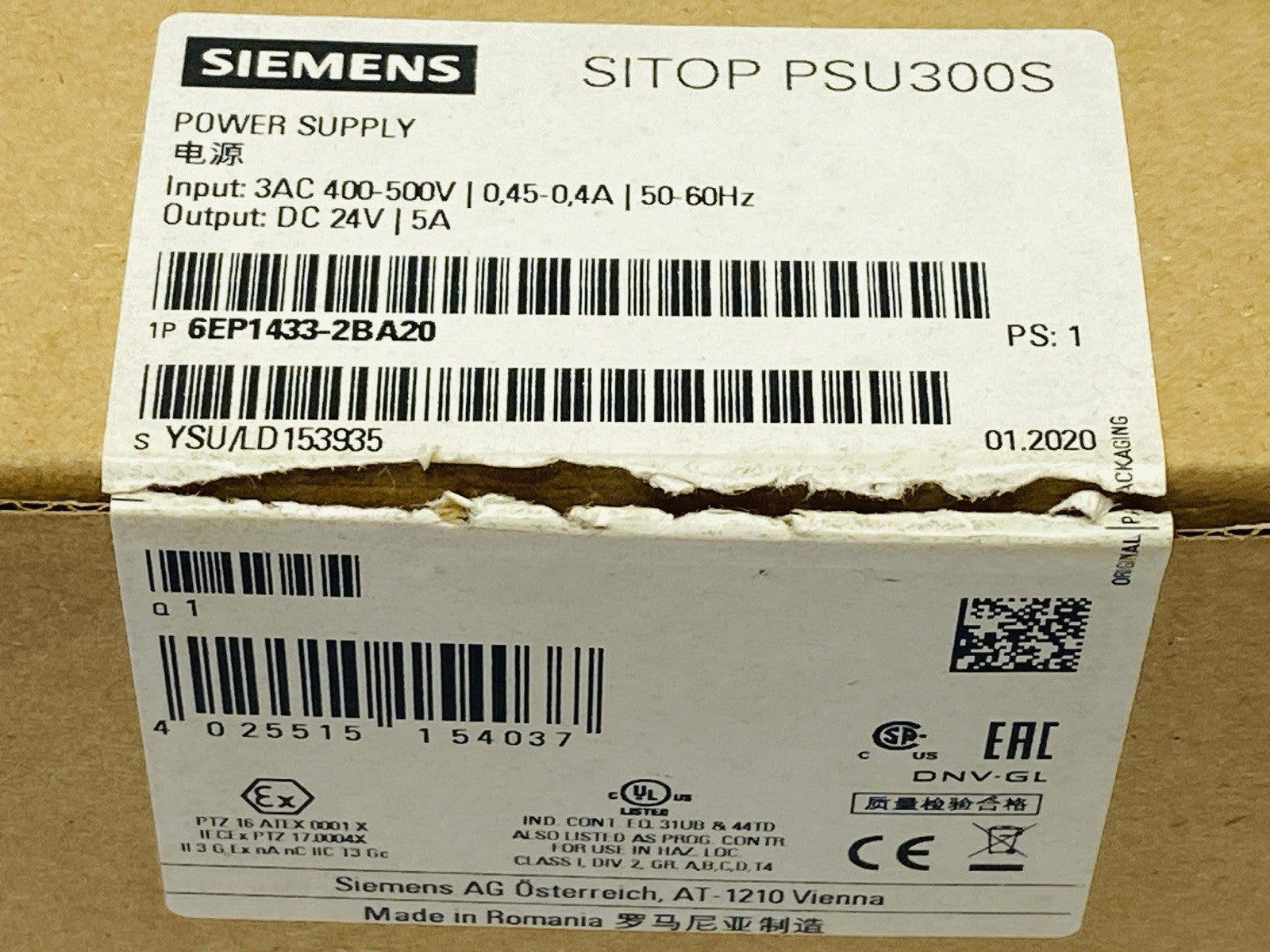 Siemens 6EP1433-2BA20 SITOP PSU300S Power Supply 5A 24VDC - New – Open box - Maverick Industrial Sales