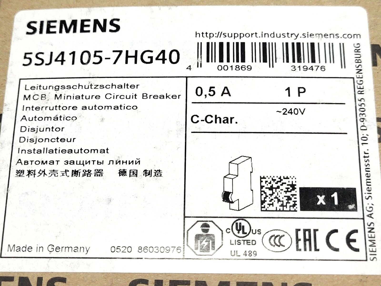 Siemens SJ4105-7HG40 Miniature Circuit Breaker 0.5A - Maverick Industrial Sales