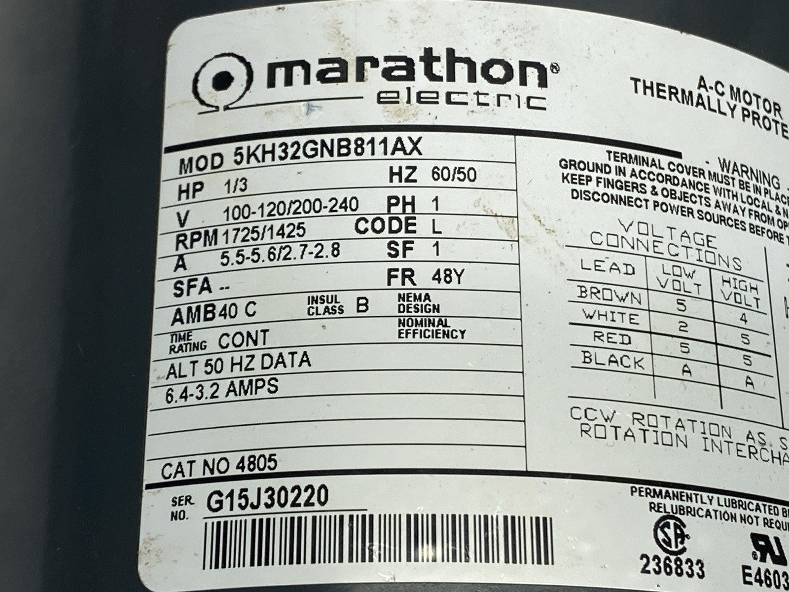 5KH32GNB811AX | Marathon AC Motor 1-Phase 1/3HP 1725/1425RPM - For parts or not working - Maverick Industrial Sales