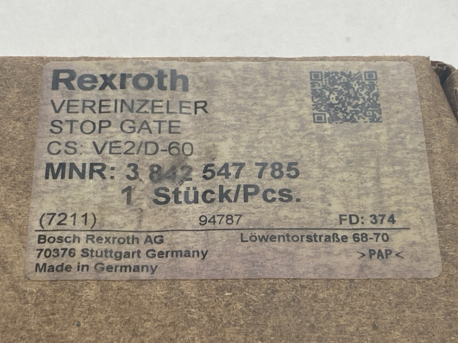 Bosch Rexroth 3842547785 Stop Gate VE 2/D-60 - Maverick Industrial Sales