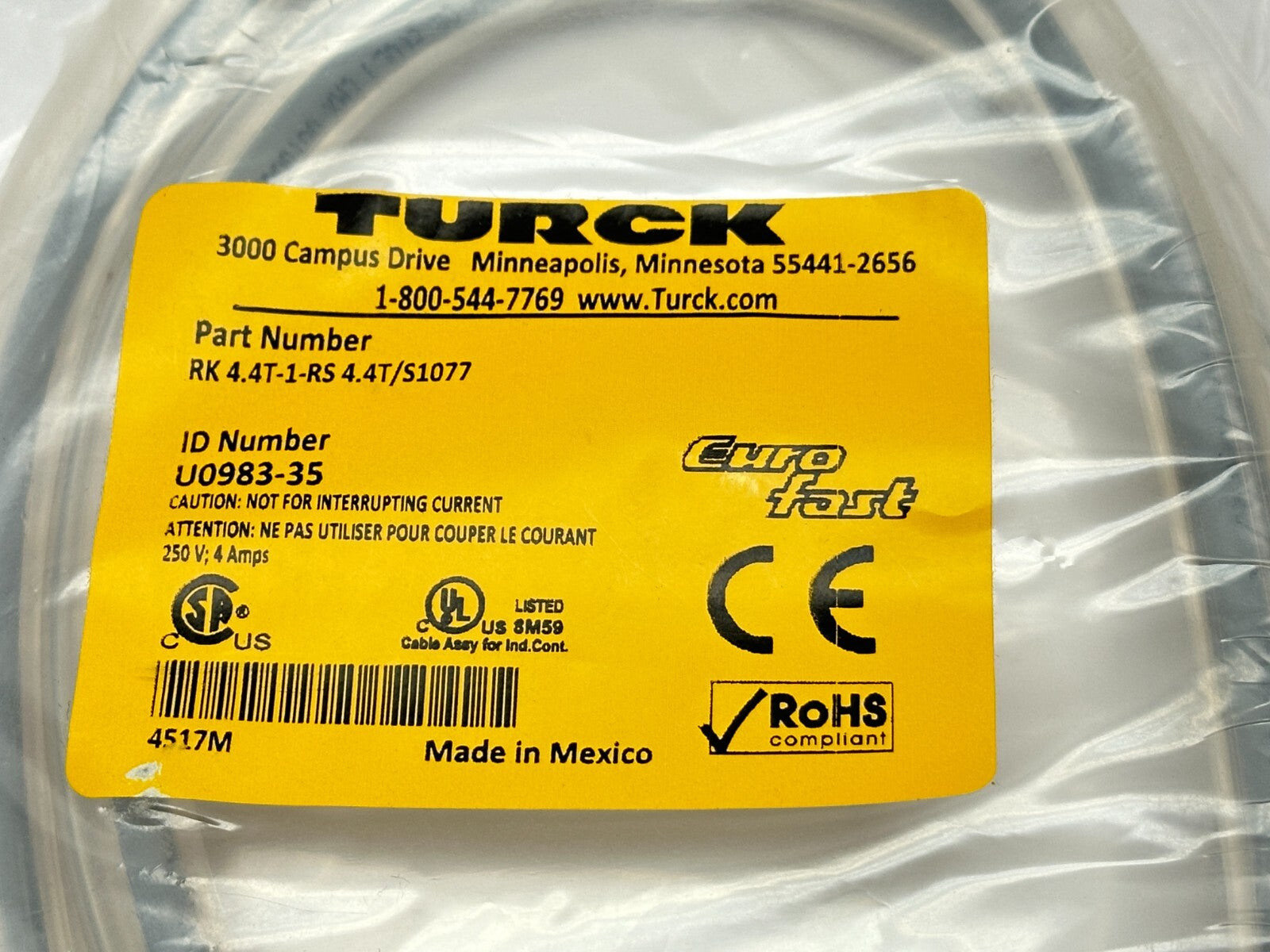 Turck RK 4.4T-1-RS 4.4T/S1077 Eurofast Molded Cordset 1m U0983-35 - New - Maverick Industrial Sales