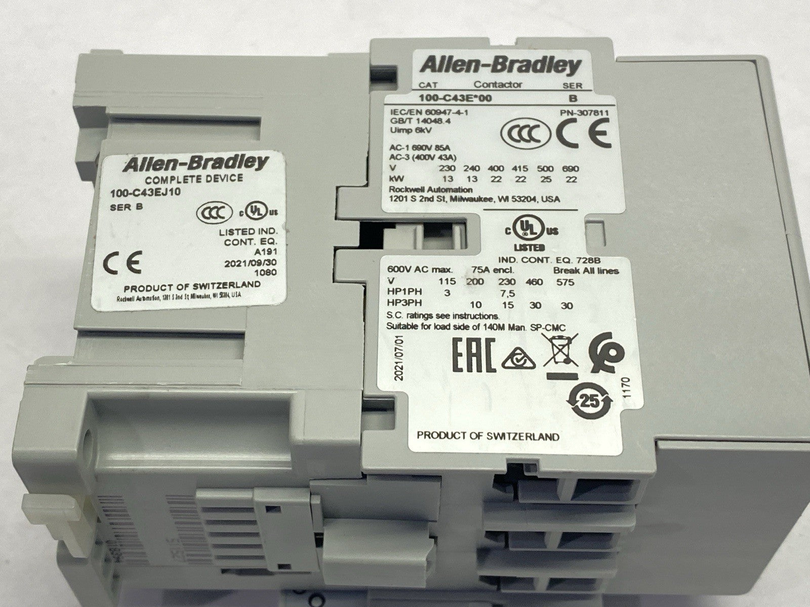 100-C43EJ10 | Allen Bradley Ser B Contactor 75A 600VAC 24VDC Coil - New – Open Box - Maverick Industrial Sales