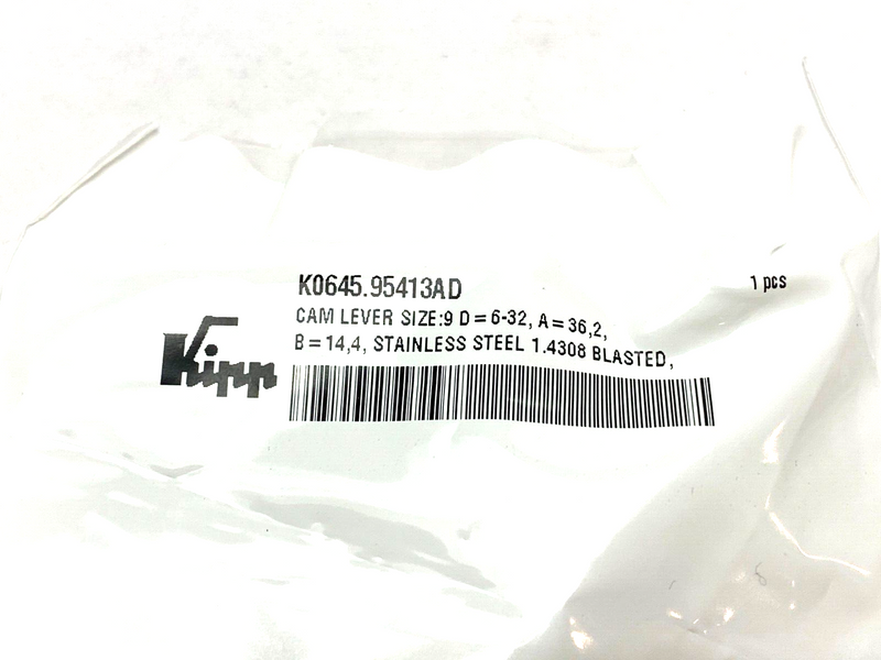 Kipp K0645.95413AD Cam Lever/Handle Size 9 D=6-32 A=36,2 B=14,4 1.4308 Blasted - Maverick Industrial Sales