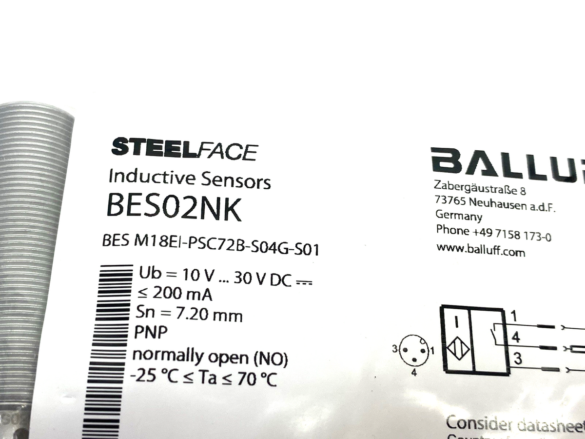 Balluff BES02NK Inductive Sensor High-Pressure Resist. BES M18EI-PSC72B-S04G-S01 - Maverick Industrial Sales