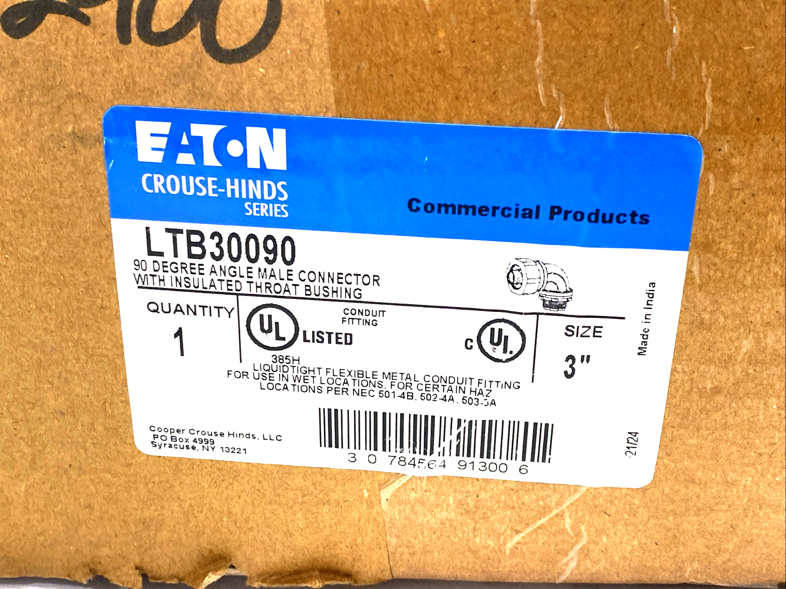 Eaton LTB30090 Liquidator Liquidtight Connector, FMC, 90 Deg, Insulated, 3" - Maverick Industrial Sales