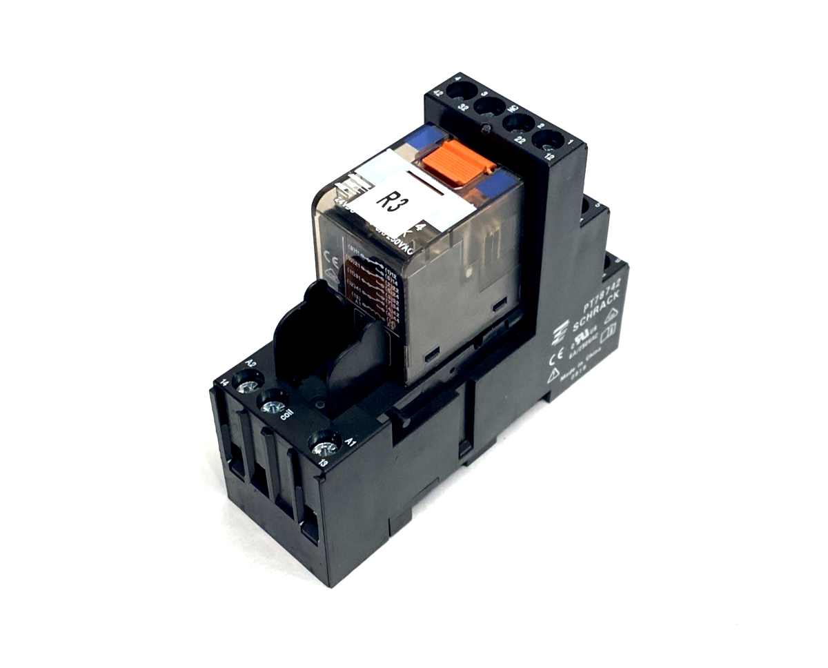 | Schrack PT570024 Miniature Power Relay 6A 24VDC 4PDT & PT78742 Base LOT OF 2 - Used - Maverick Industrial Sales