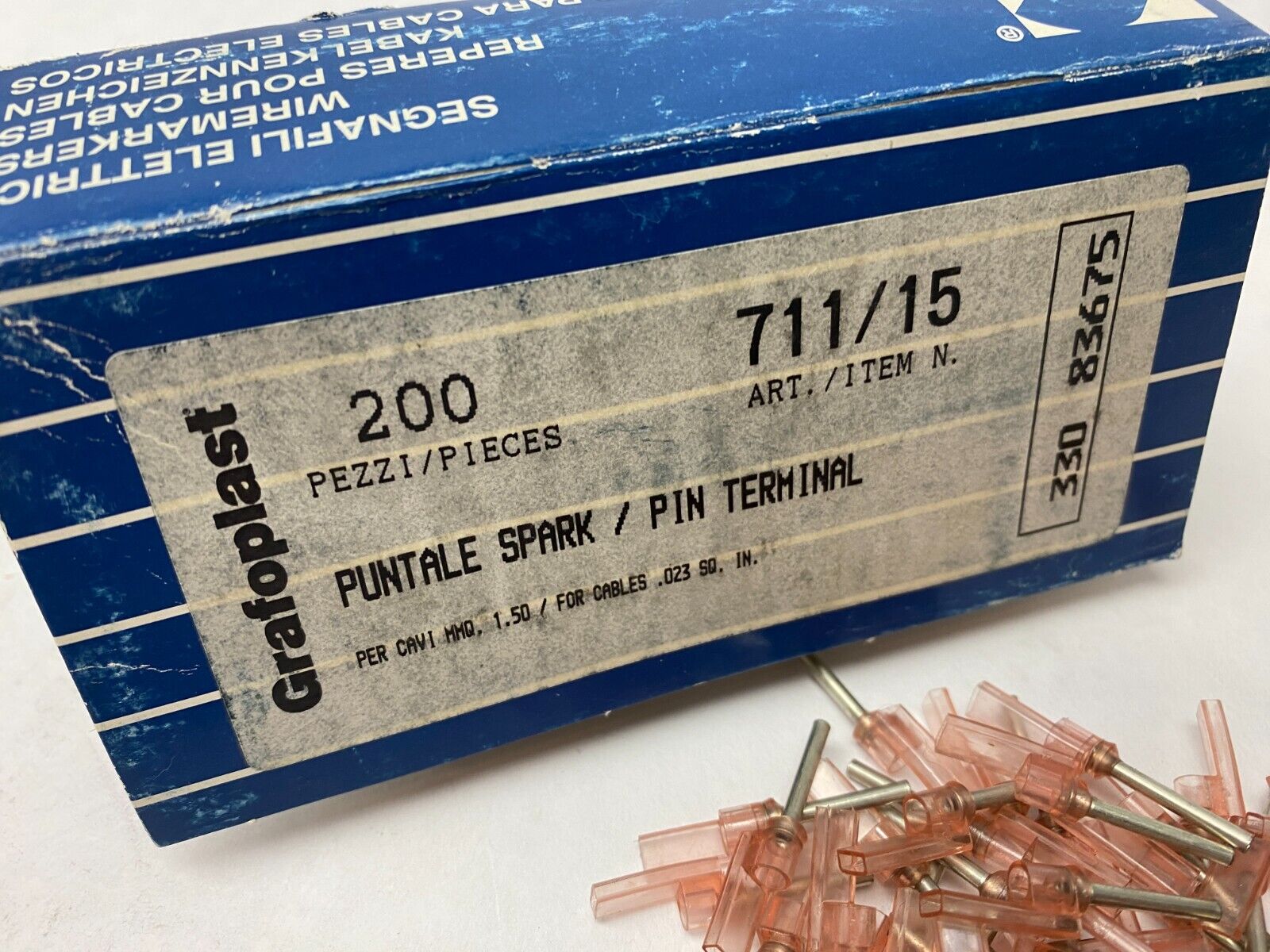 Grafoplast 711/15 14mm Spark Crimp-On Pins for Cable O.D. 1.5mm OPEN BOX OF 200 - Maverick Industrial Sales