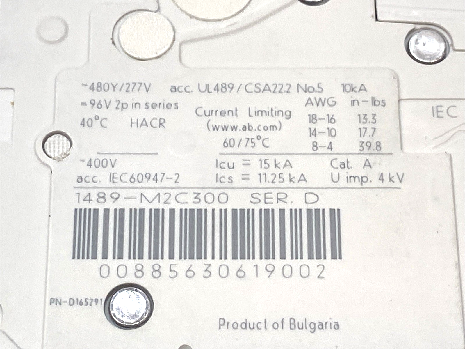 Allen Bradley 1489-M2C300 Ser. D 2 Pole Circuit Breaker ~480Y/277V 50/60Hz 30A - Maverick Industrial Sales