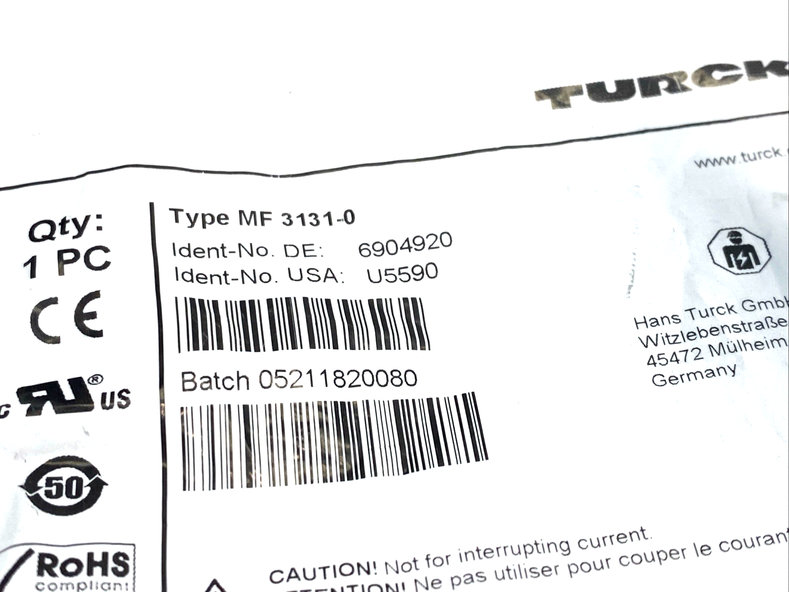 Turck MF 3131-0 Field Wireable Connector 1-3/8" 3-Pin Female U5590 - Maverick Industrial Sales