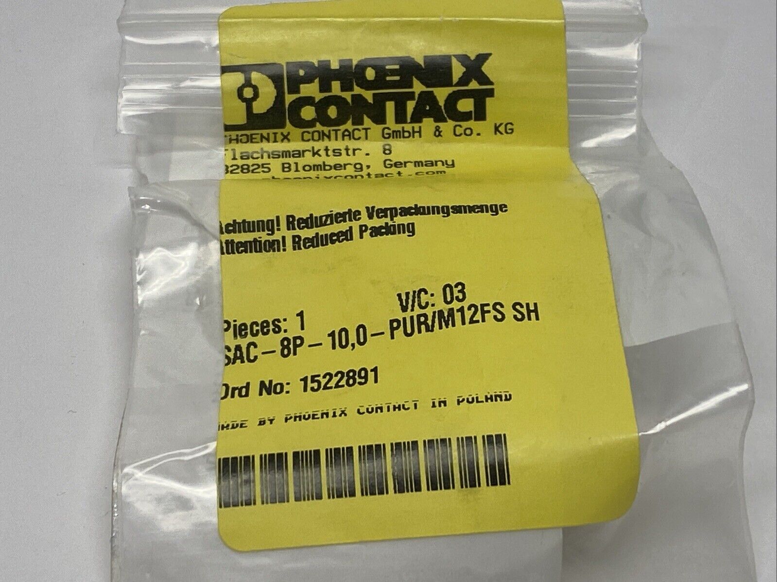 Phoenix Contact SAC-8P-10,0-PUR/M12FS SH Sensor Actuator Cordset 10m 1522891 - Maverick Industrial Sales