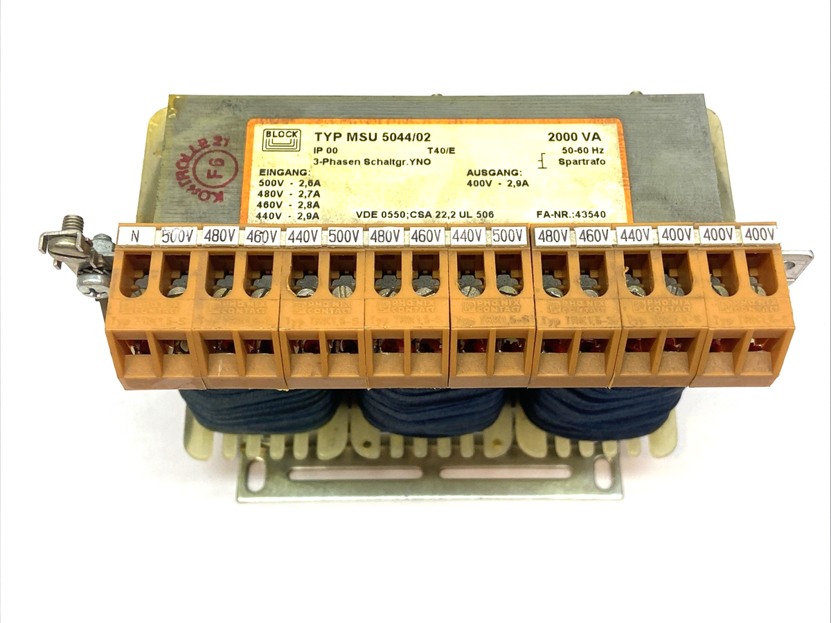 BLOCK MSU 5044/02 Auto Transformer 408VA 500V to 230V 50/60Hz - Maverick Industrial Sales