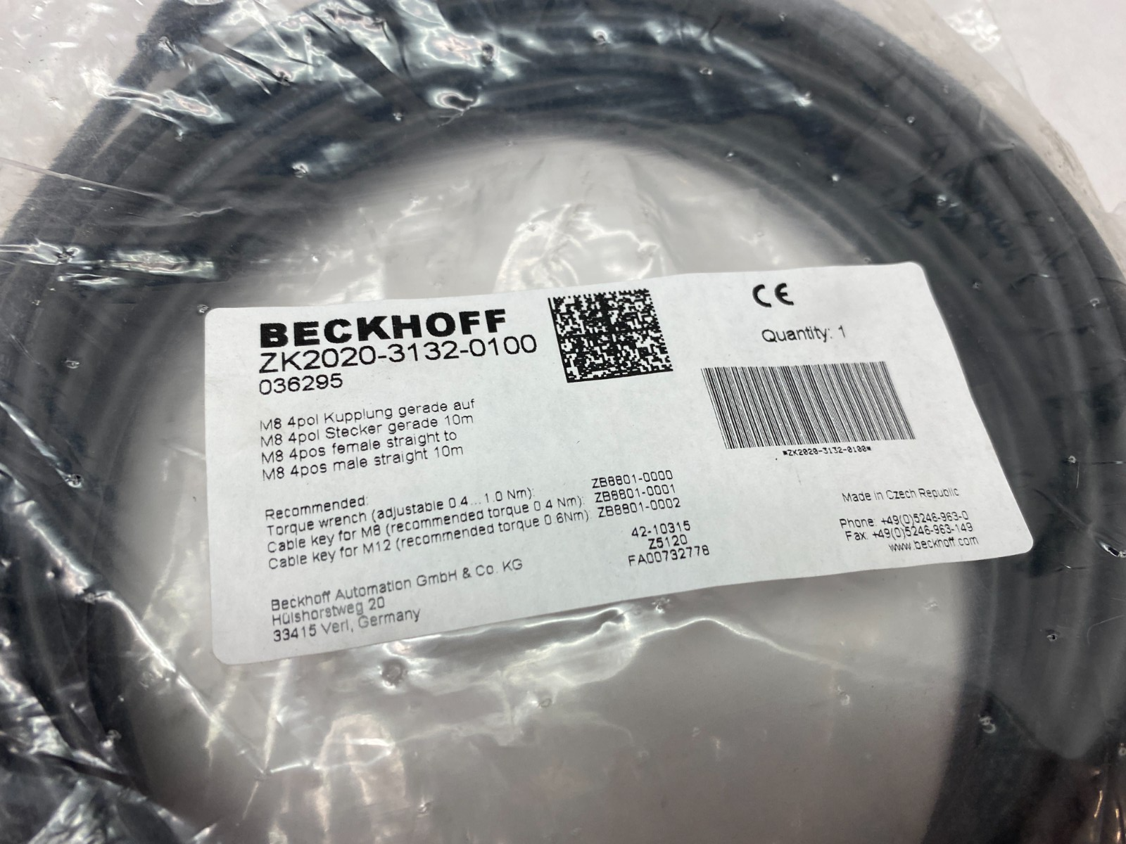 Beckhoff ZK2020-3132-0100 Double Ended Power Cable M8 4-Pin Female, 036295 - Maverick Industrial Sales