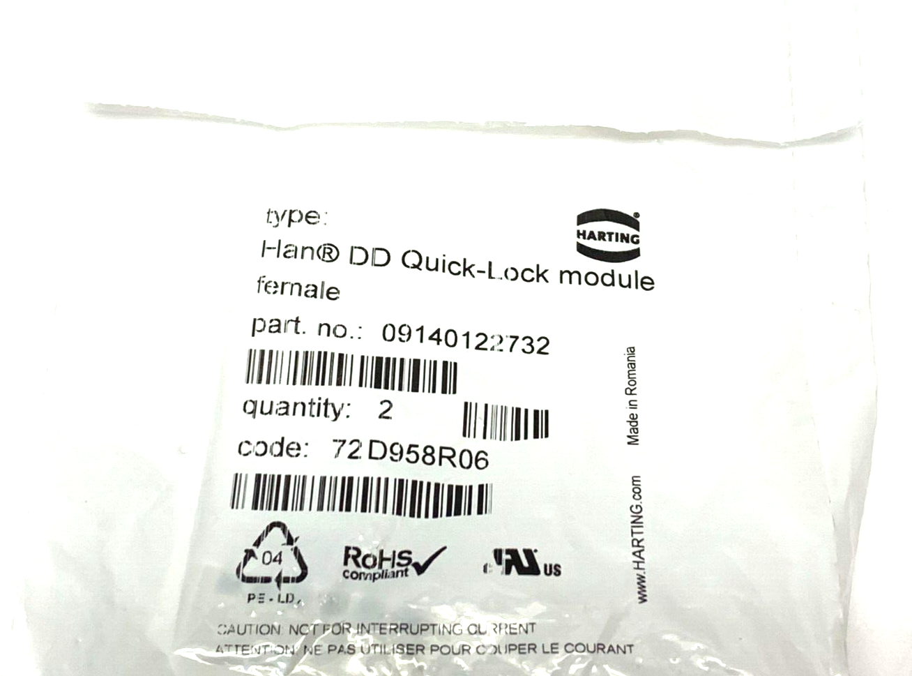 Harting 09140122732 Han DD Quick-Lock Module Female PKG OF 2 - Maverick Industrial Sales