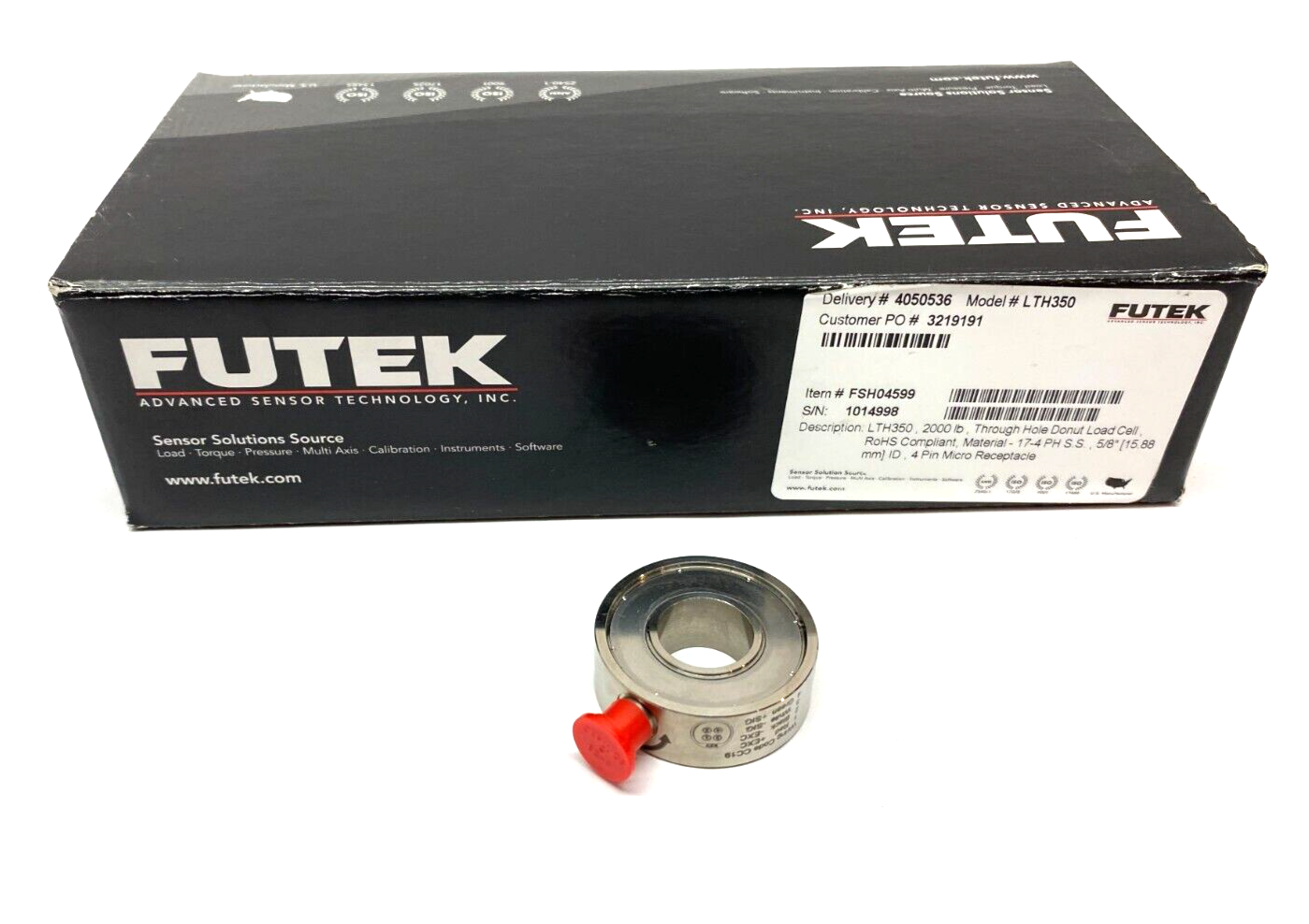 Futek LTH350 FSH04599 Through-Hole Donut Load Cell 5/8" 4-Pin 2000lb Capacity - Maverick Industrial Sales