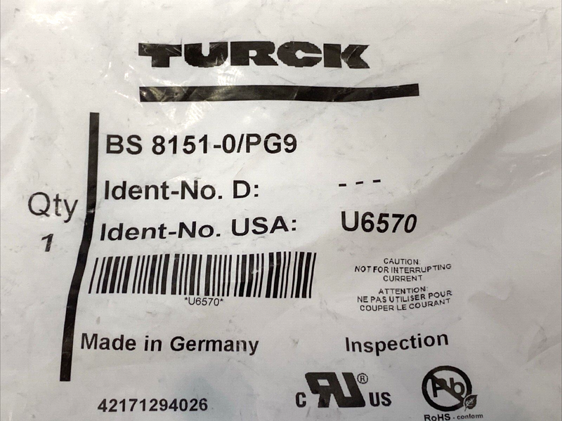 Turck BS 8151-0/PG9 Circular M12 5-Pin Connector U6570 - Maverick Industrial Sales