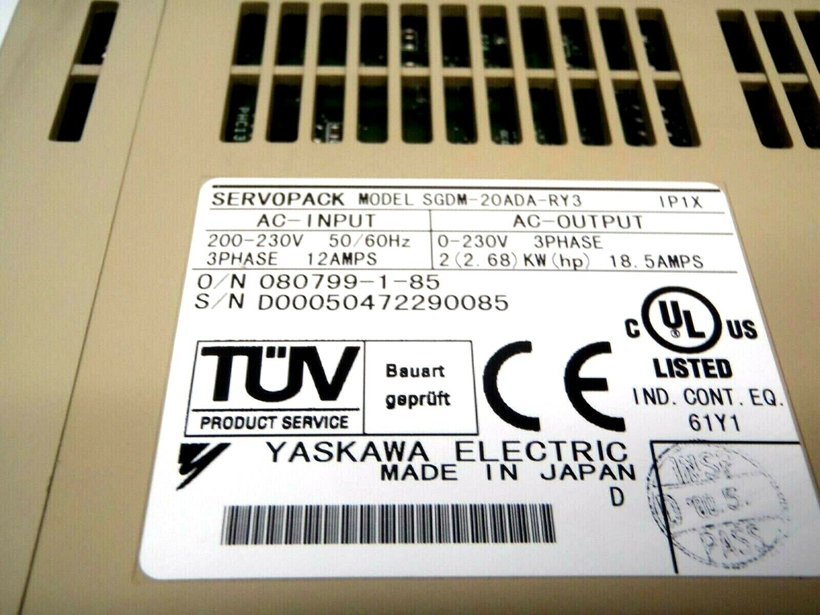 Yaskawa SGDM-20ADA-RY3 AC Servo Amplifier 12 Amp 3 Phase 200-240VAC - Maverick Industrial Sales