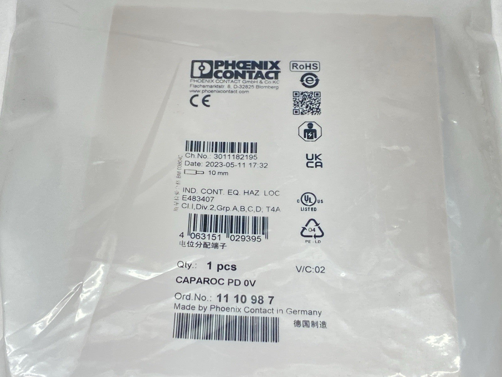 CAPAROC PD 0V | Phoenix Contact Potential Distributor 1110987 - New - Maverick Industrial Sales