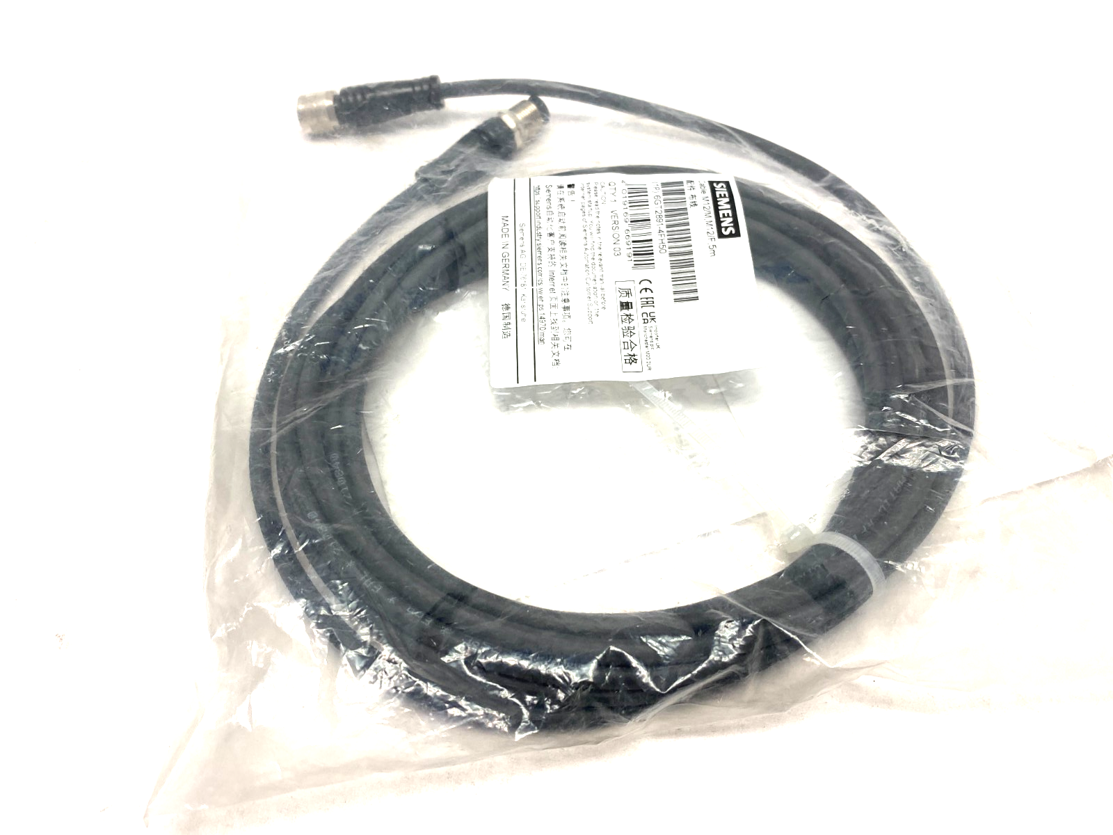 Siemens 6GT2891-4FH50 SIMATIC RF MV Plug-In Cable M12/M to M12/F, 5m Length - Maverick Industrial Sales