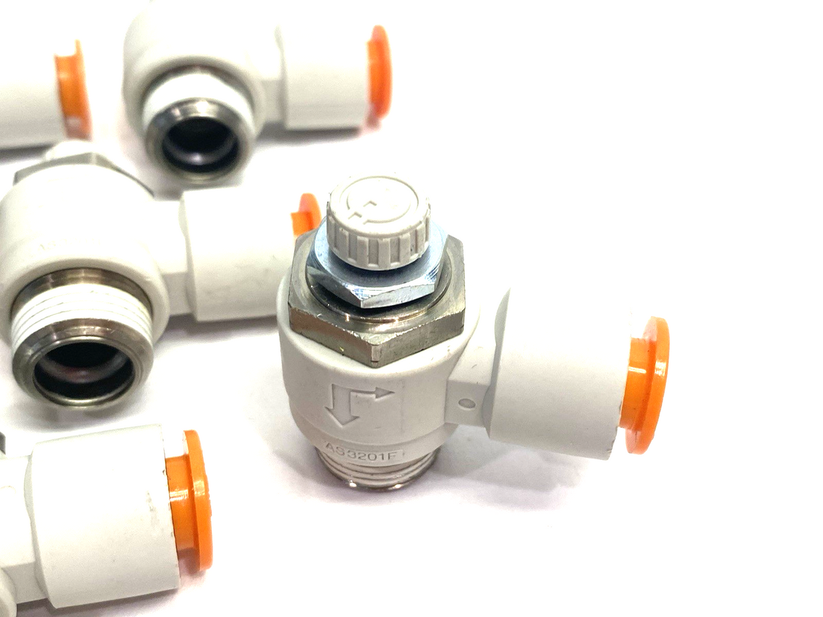SMC AS3201F-N03-11 Pneumatic Flow Control Elbow Fitting 3/8" Tube OD, LOT OF 7 - Maverick Industrial Sales