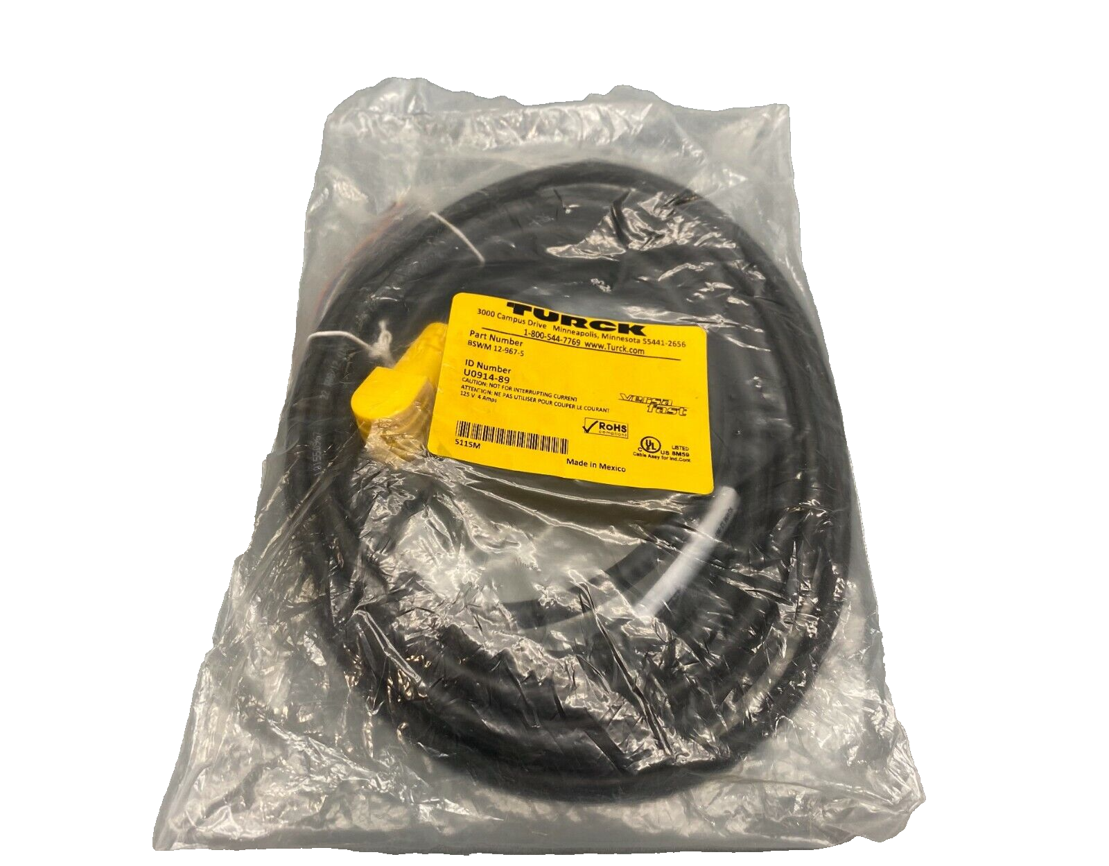 Turck BSWM 12-967-5 Versa Fast Right Angle M16 Molded Single End Cable Cordset - Maverick Industrial Sales