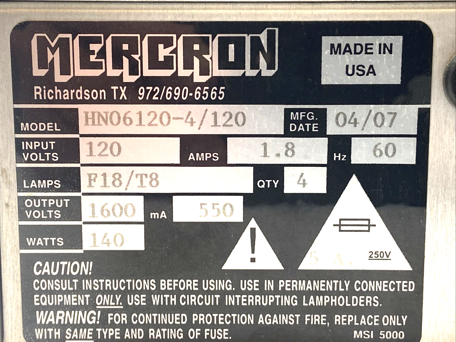 Mercron HNO6120-4/120 Power Supply Unit 120V 1.8A 60Hz 1600V-Output 140 Watts - Maverick Industrial Sales