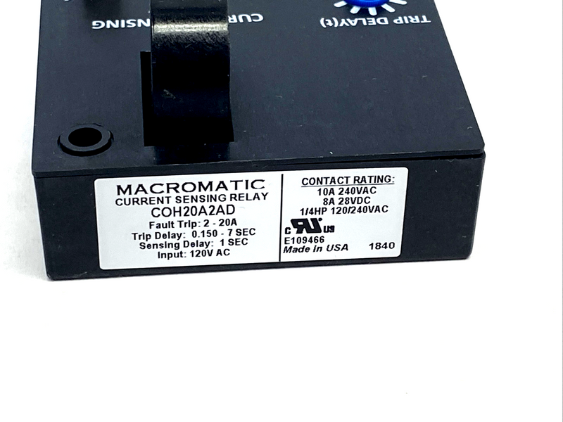 Macromatic COH20A2AD Current Sensing Relay 2-20A 0.150-7 Sec. 10A SPDT 120VAC - Maverick Industrial Sales