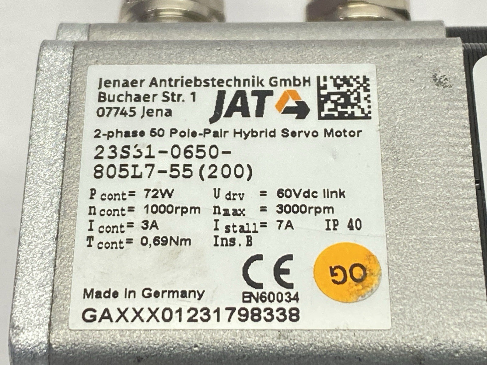 23S31-0650-805L7-55(200) | Jenaer Antriebstechnik Servo Motor 2-Phase 3000RPM 72W - For parts or not working - Maverick Industrial Sales