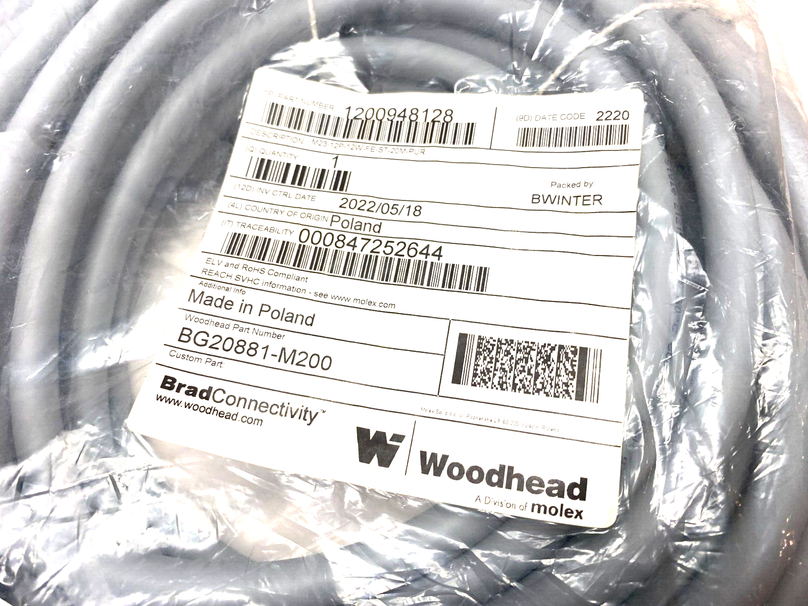 Molex Woodhead 1200948128 Single Ended Power Connection Cordset - Maverick Industrial Sales