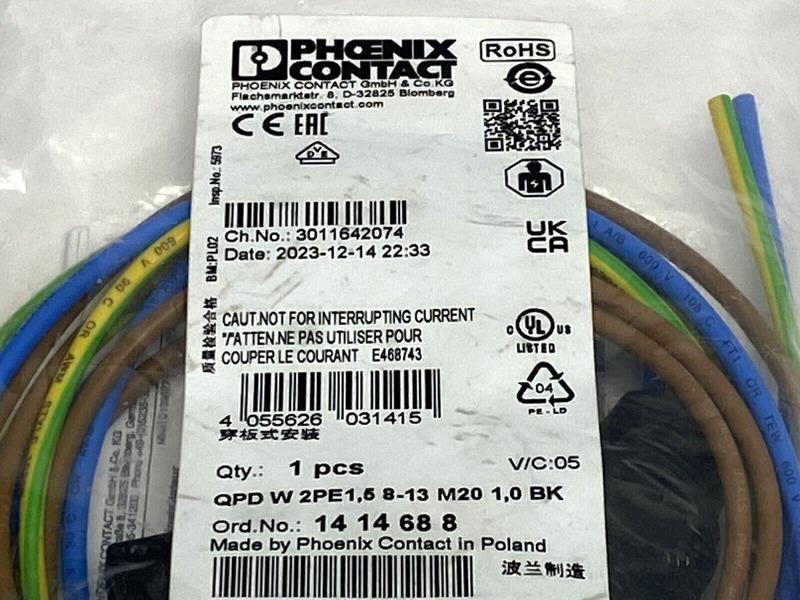 Phoenix Contact 1414688 M20 Cable Assembly QPD W 2PE1,5 8-13 M20 1,0 BK - Maverick Industrial Sales