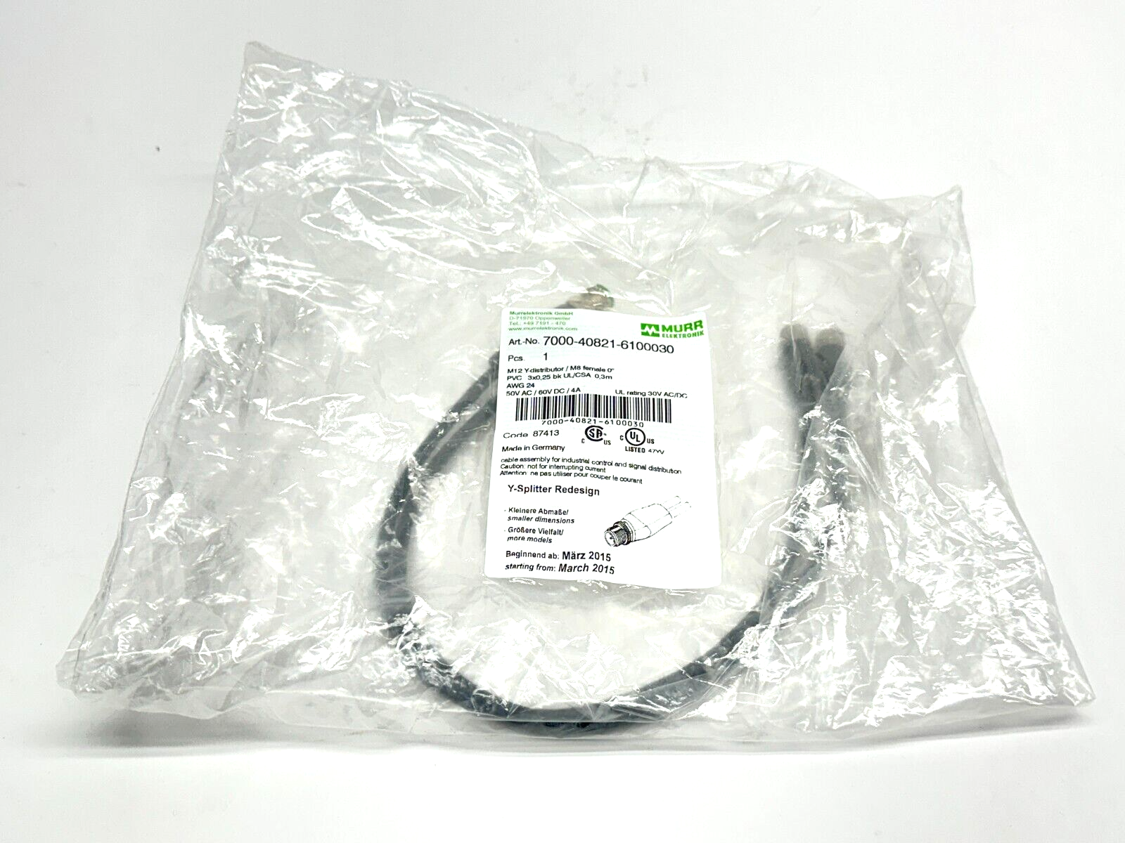 Murr Elektronik 7000-40821-6100030 Y-Distributor M12 M 4-Pin - M8 F 3-Pin 0.3m - Maverick Industrial Sales