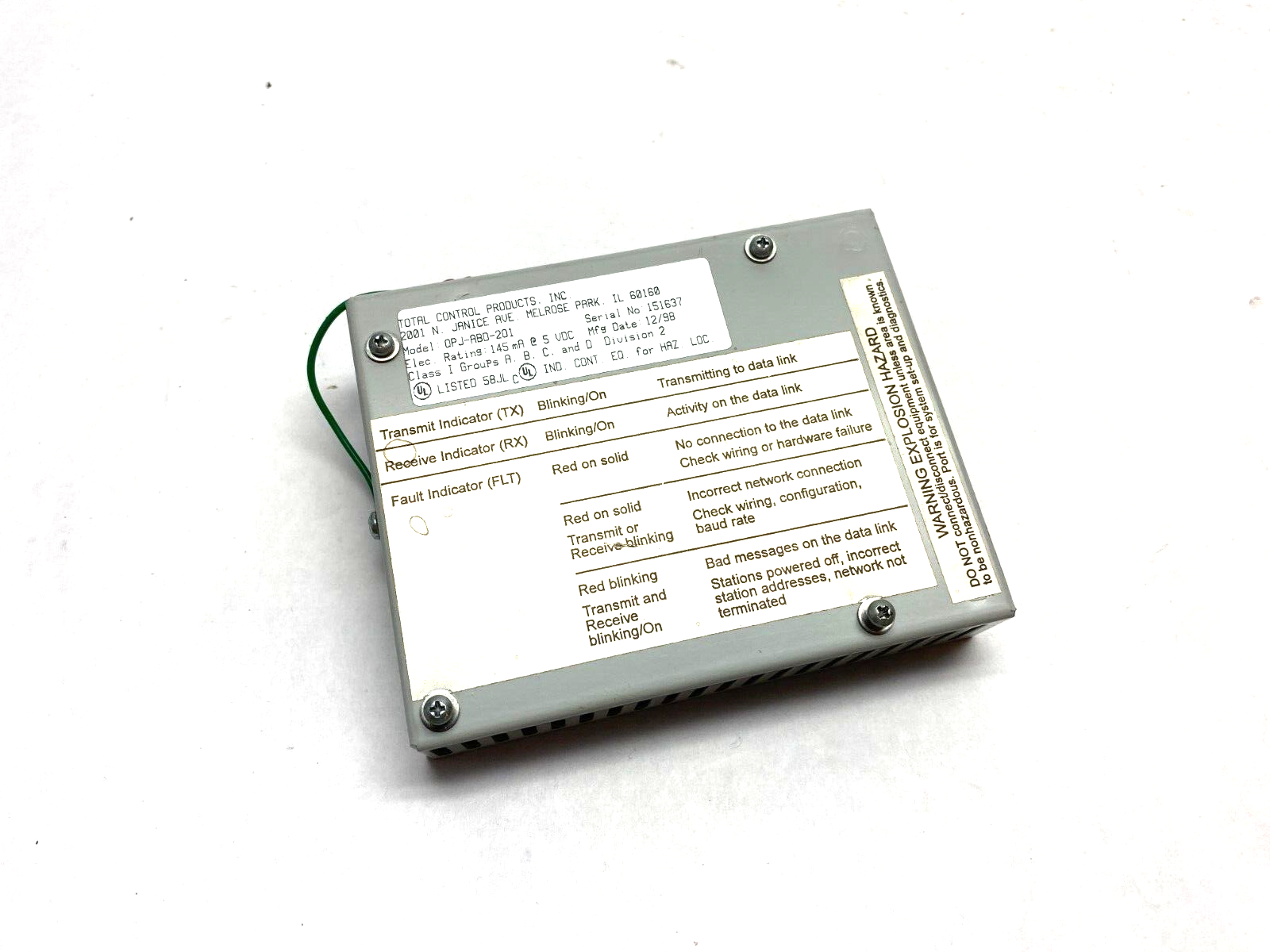 Total Control Products QPJ-ABD-201 Data Highway Quickpanel 145mA @5VDC - Used - Maverick Industrial Sales