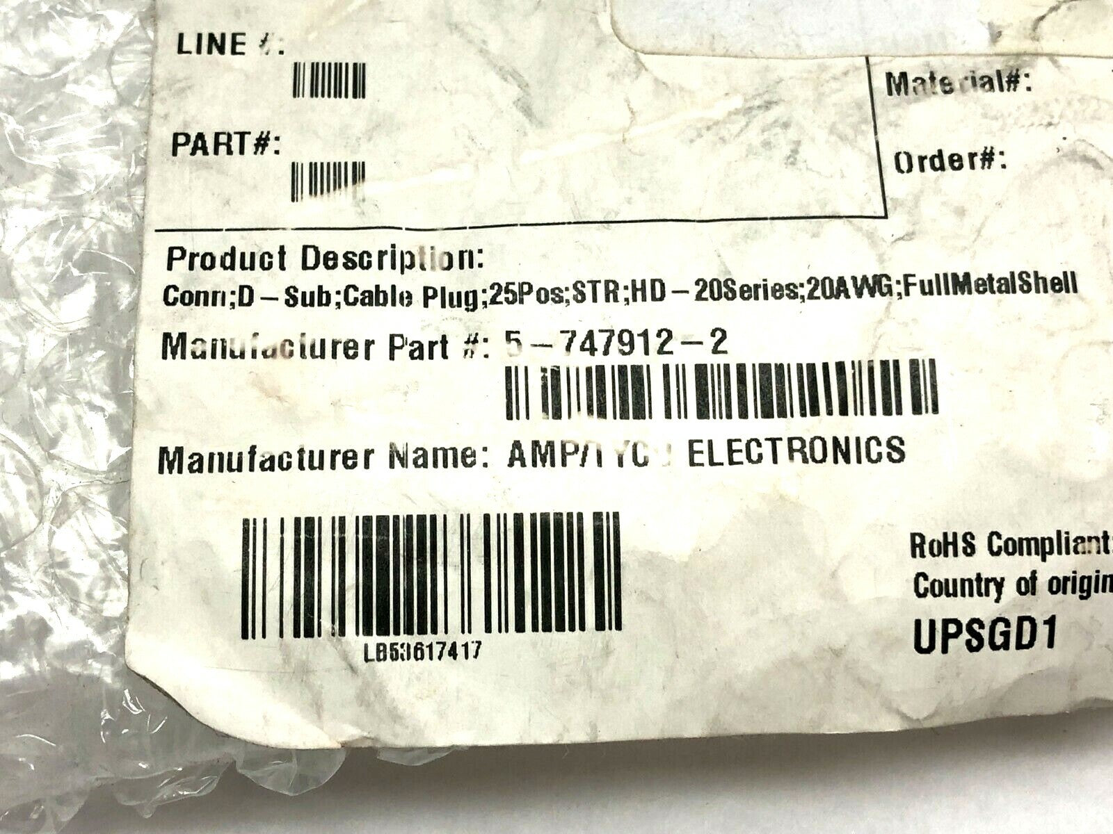 5-747912-4 | TE Connectivity 25 Position D-Sub Plug Male Pins Connector LOT OF 20 - New – Open box - Maverick Industrial Sales