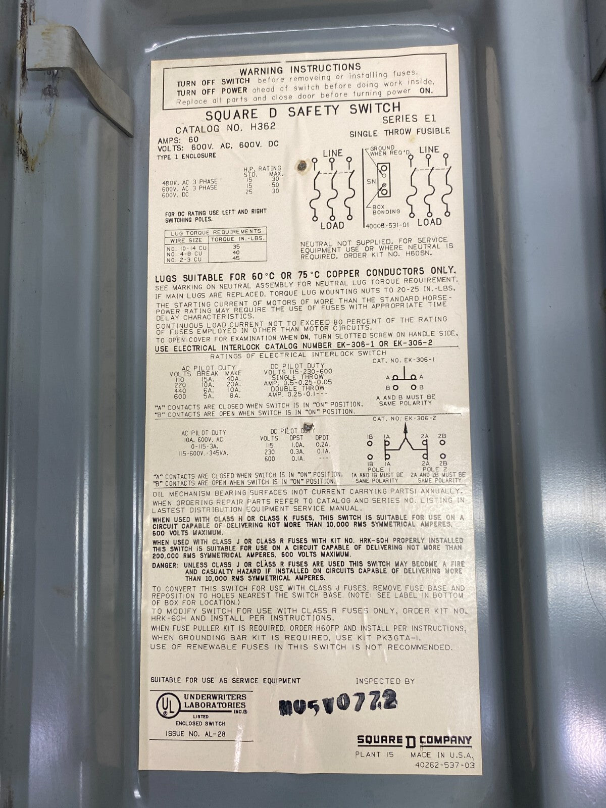 Square D H362 Heavy Duty Safety Disconnect Switch 3-Pole 60A 600VAC - Maverick Industrial Sales