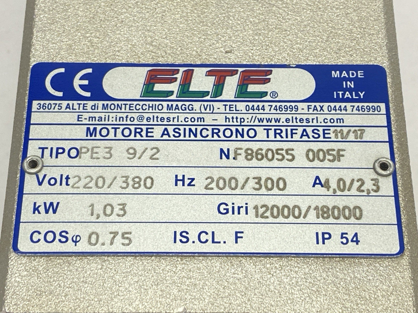 PE3 9/2 | ELTE Precision Electric Spindle Motor 12000/18000 RPM 4.0/2.3A 220/380 - Used - Maverick Industrial Sales