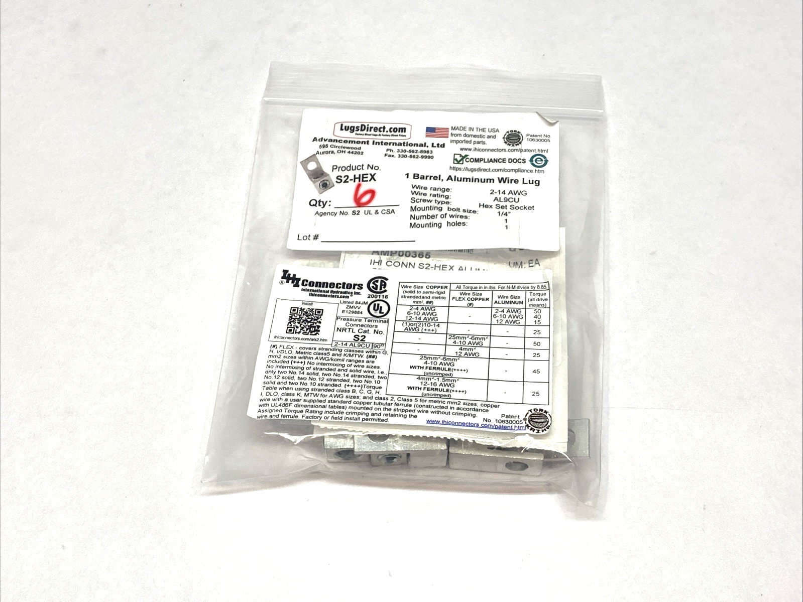 Lugs Direct S2-HEX Single Aluminum Wire Lug 2-14 AWG BAG OF 6 - Maverick Industrial Sales