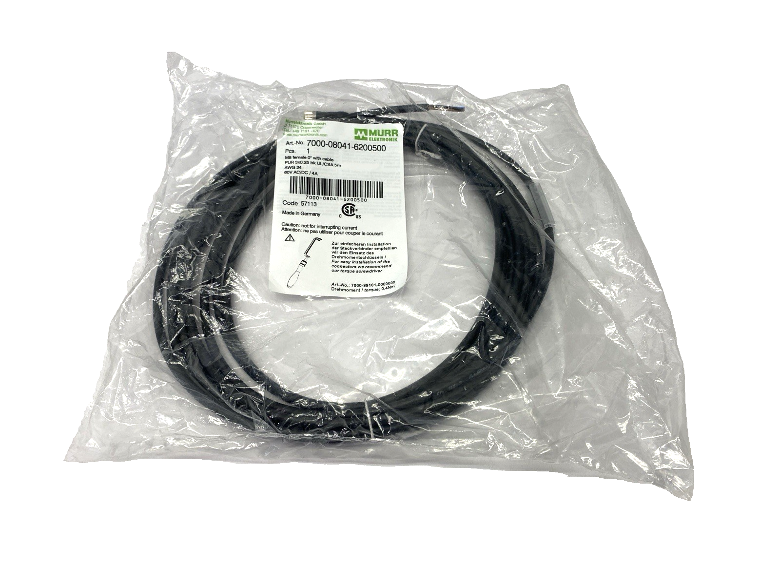 Murr Elektronik 7000-08041-6200500 Single Ended Cable Female Connector M8 5m - Maverick Industrial Sales