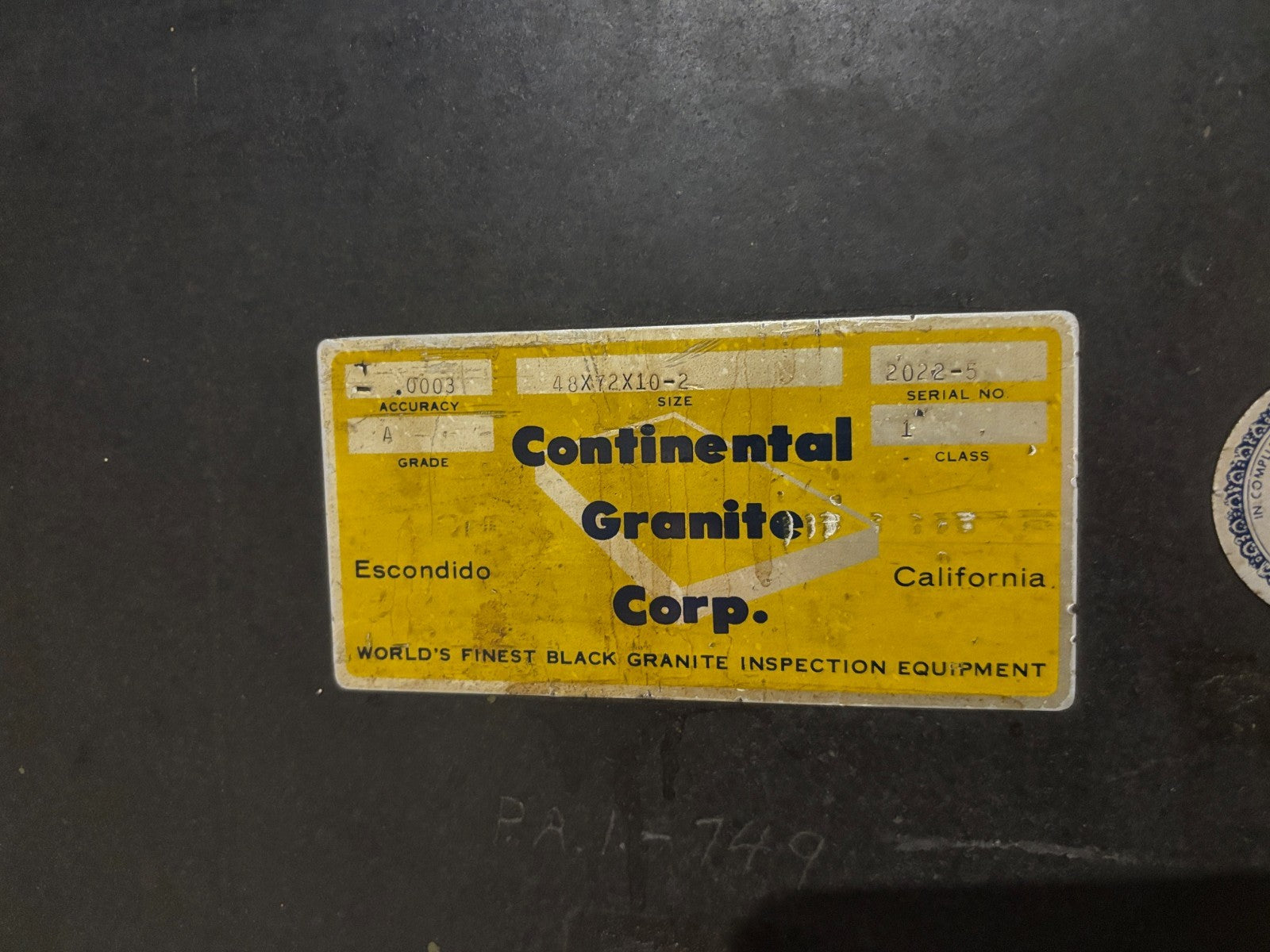 Continental Granite Corp 48x72x10-2 Grade A, Class 1, Black Inspection Table - Maverick Industrial Sales
