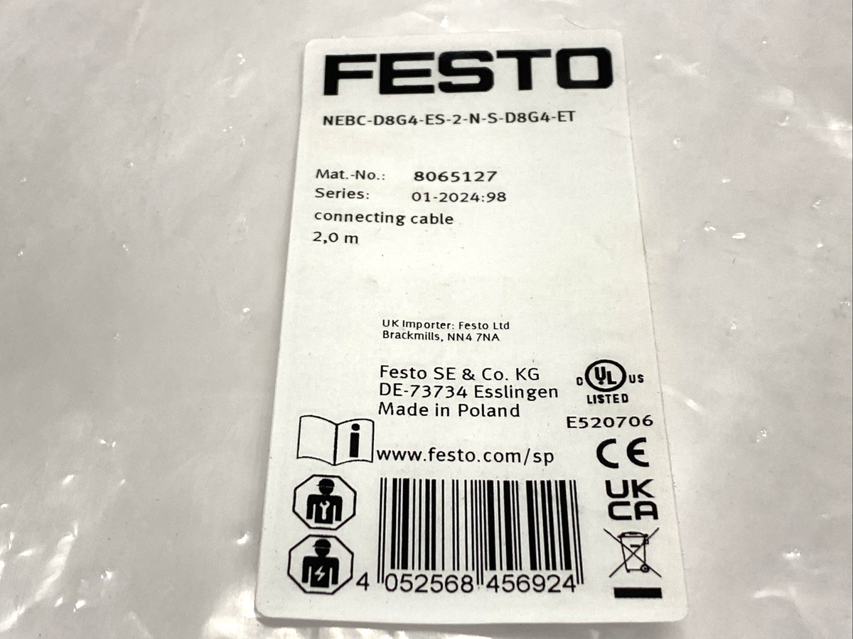NEBC-D8G4-ES-2-N-S-D8G4-ET | Festo Connecting Cable M/M M8 4-Pin 2m 8065127 - New – Open box - Maverick Industrial Sales