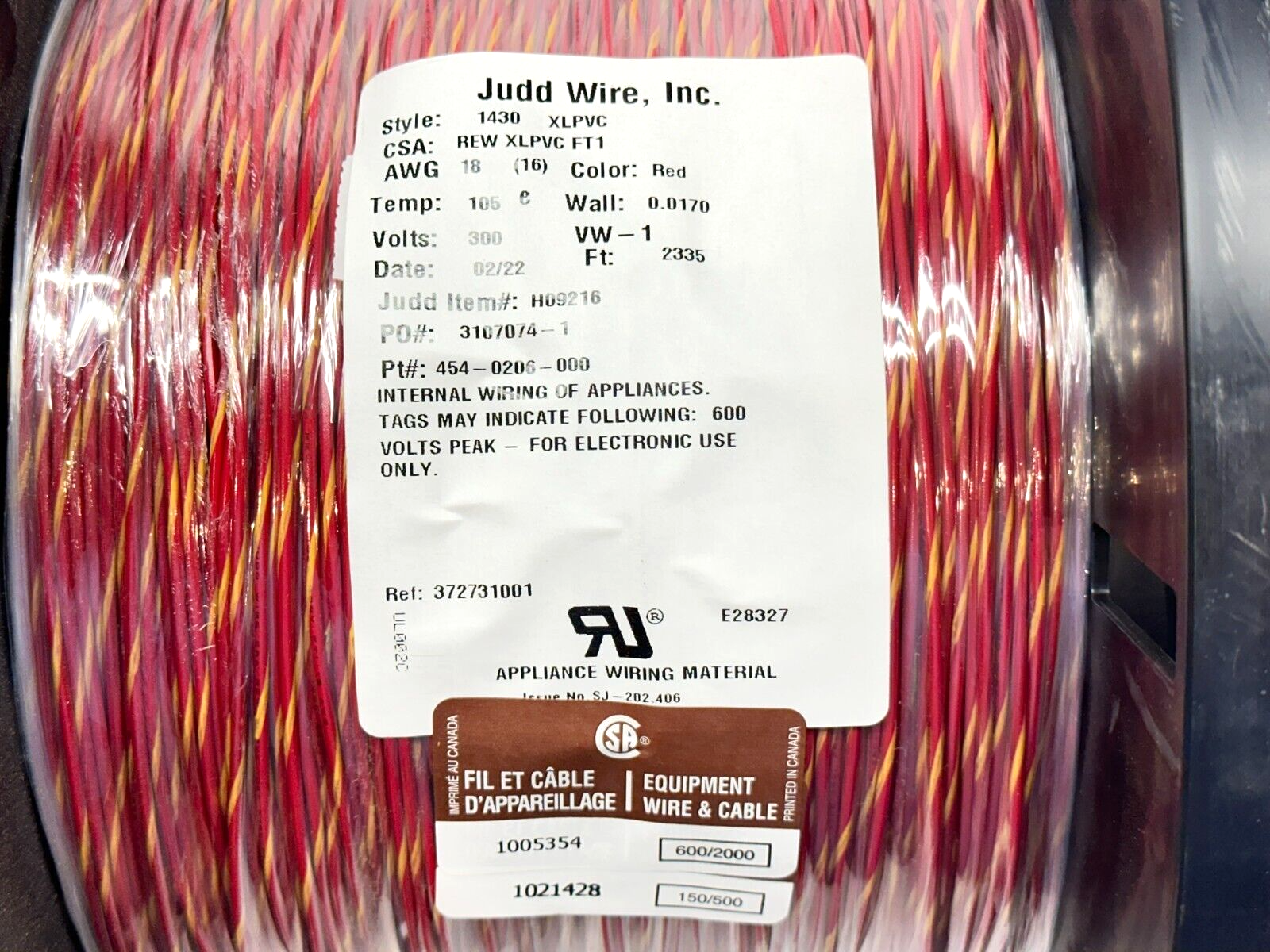 454-0206-000 | Judd Wire Wire Style 1430 XLPVC REW FT1 18AWG H09216 2335ft Spool - New - Maverick Industrial Sales