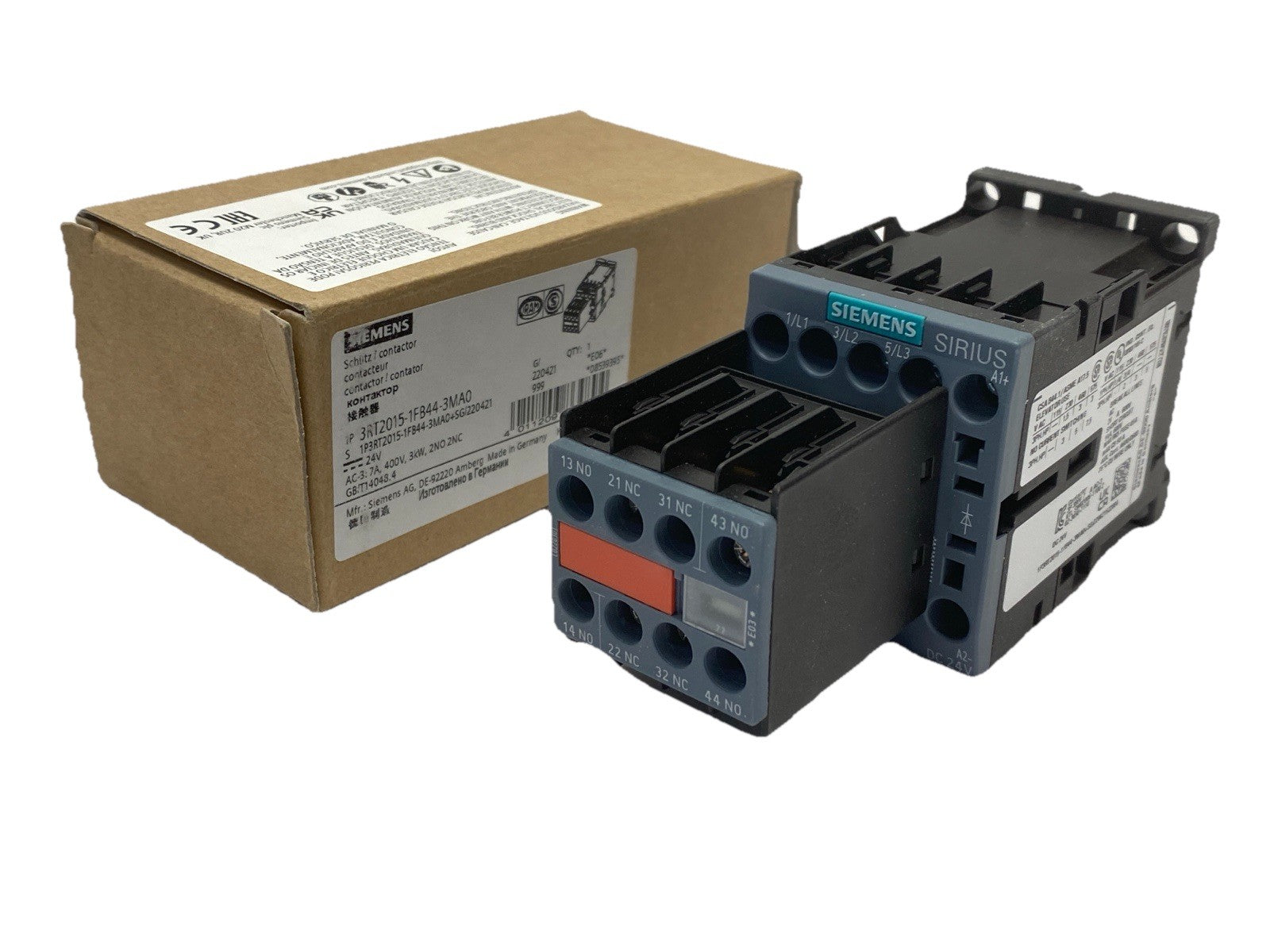 Siemens 3RT2015-1FB44-3MA0 Power Contactor 3-Pole 2NO 2NC 7A 3kW / 400V 24VDC - Maverick Industrial Sales
