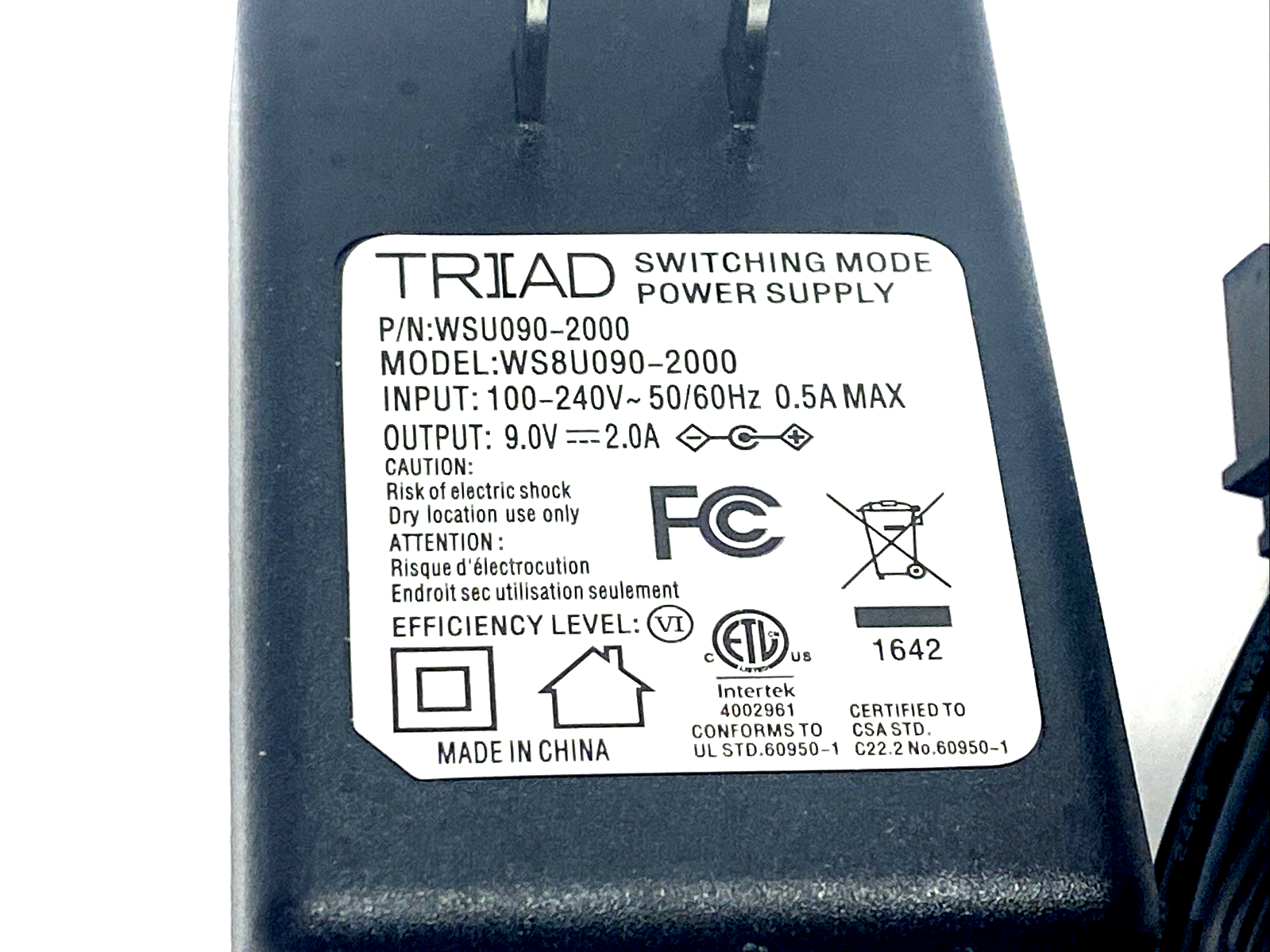 Triad Magnetics WSU090-2000 Power Supply, 4-Pin 100-240VAC 9VDC WS8U090-2000 2PK - Maverick Industrial Sales