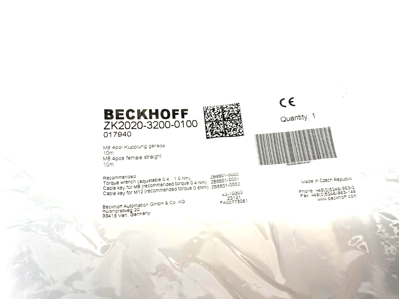 Beckhoff ZK2020-3200-0100 Single Ended Power Cable M8 Straight 4-Pin 10m 017940 - Maverick Industrial Sales