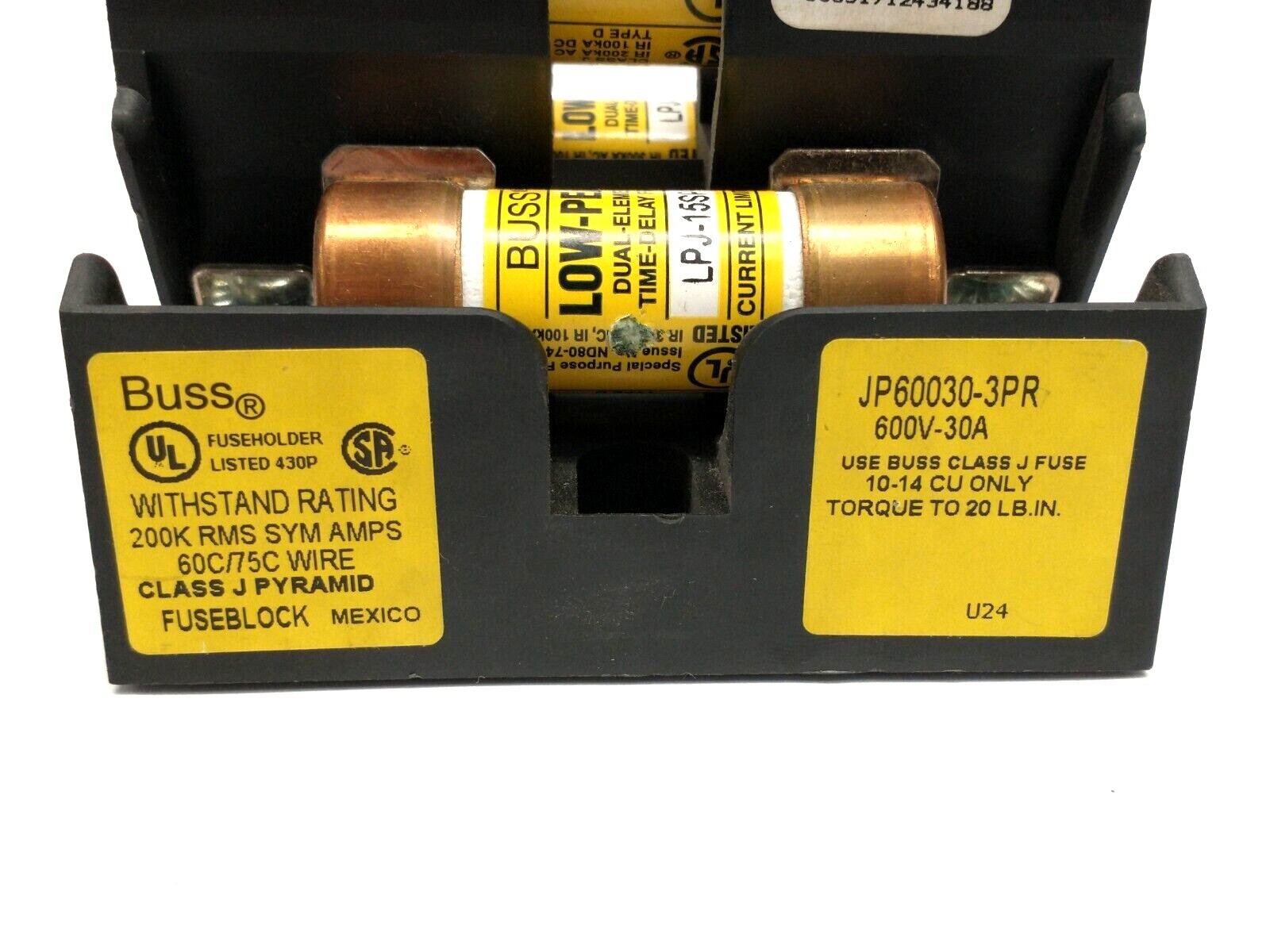 Buss JP60030-3PR Pyramid Fuse Block w/ Bussmann LPJ-15SP Time Delay Fuses - Maverick Industrial Sales