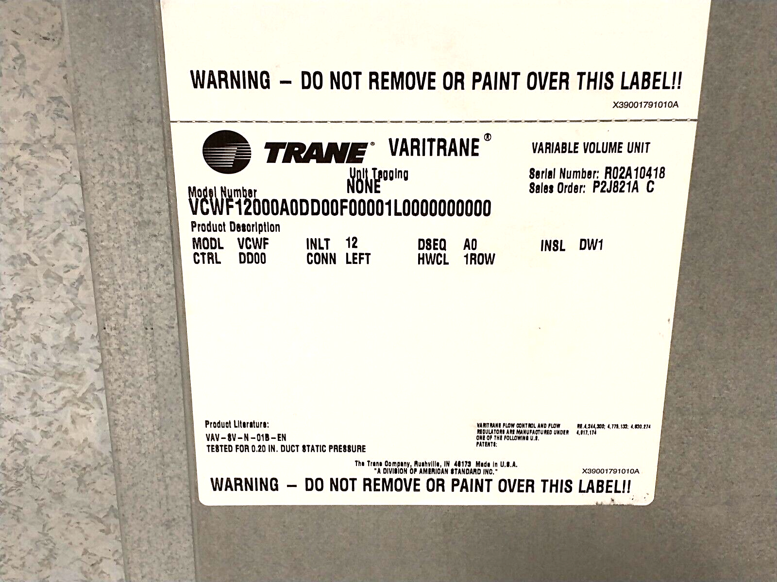 Trane VCWF12000A0DD00F00001L0000000000 VARITRANE Variable Volume Unit 12" w/Heat - Maverick Industrial Sales