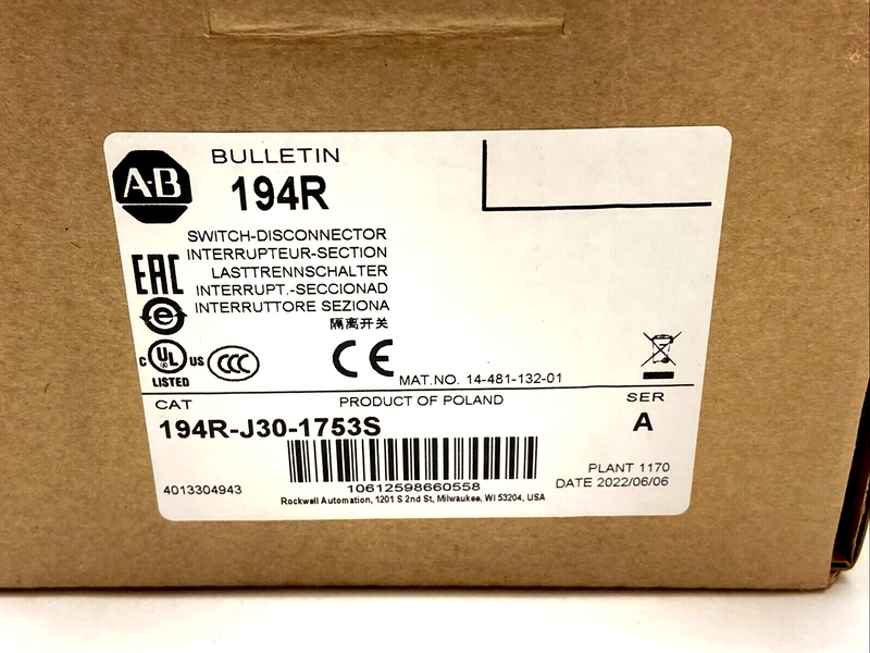 Allen Bradley 194R-J30-1753S Ser. A Switch Disconnector - Maverick Industrial Sales